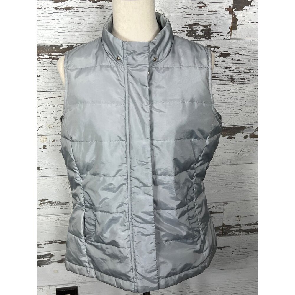 TALBOTS Down Filled Puffer Vest Silver Gray Sz M PETITE EUC